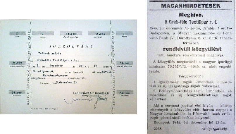 A Grab-féle Textilipar Rt. 1945. december 28-án tartandó közgyűlésének meghívója és részvényigazoló jegye